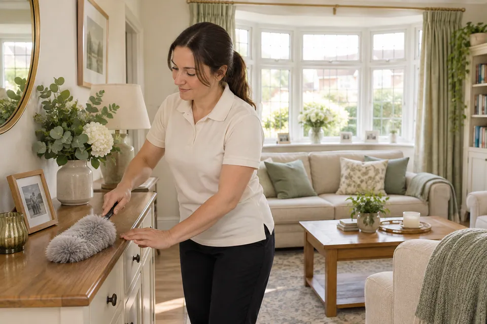 Cleaner dusting a sideboard beside a bay window