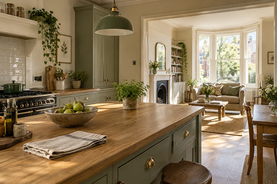 Sunlit sage kitchen opening into a British sitting room