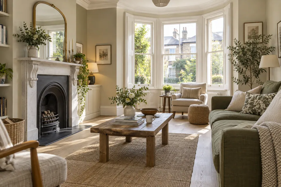 Olive sofa in a bright sitting room with a bay window