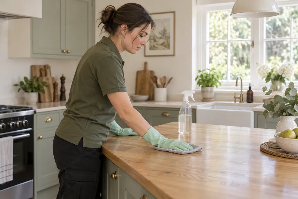 Gloved cleaner wiping an oak kitchen worktop