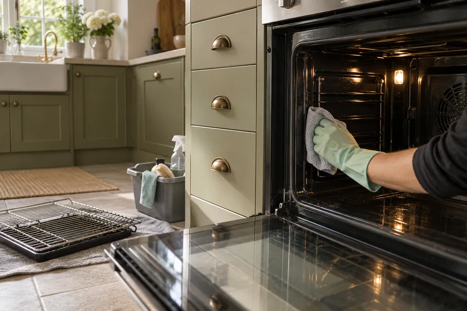 Gloved hand wiping the interior of a built-in oven
