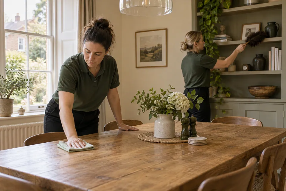 Two cleaners working at an oak table and a shelf