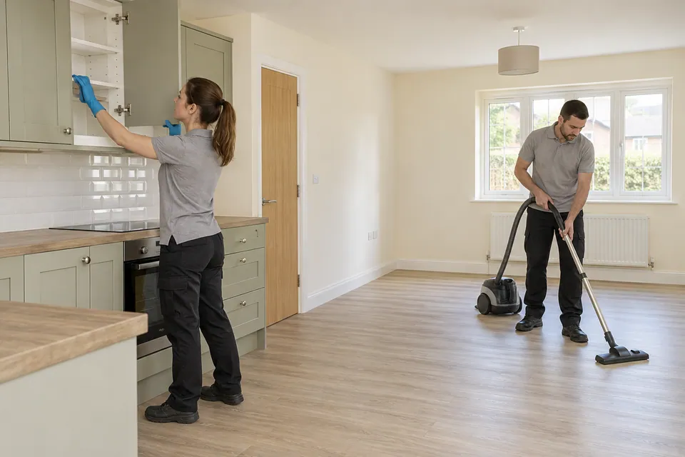 Two cleaners working in an empty rental flat