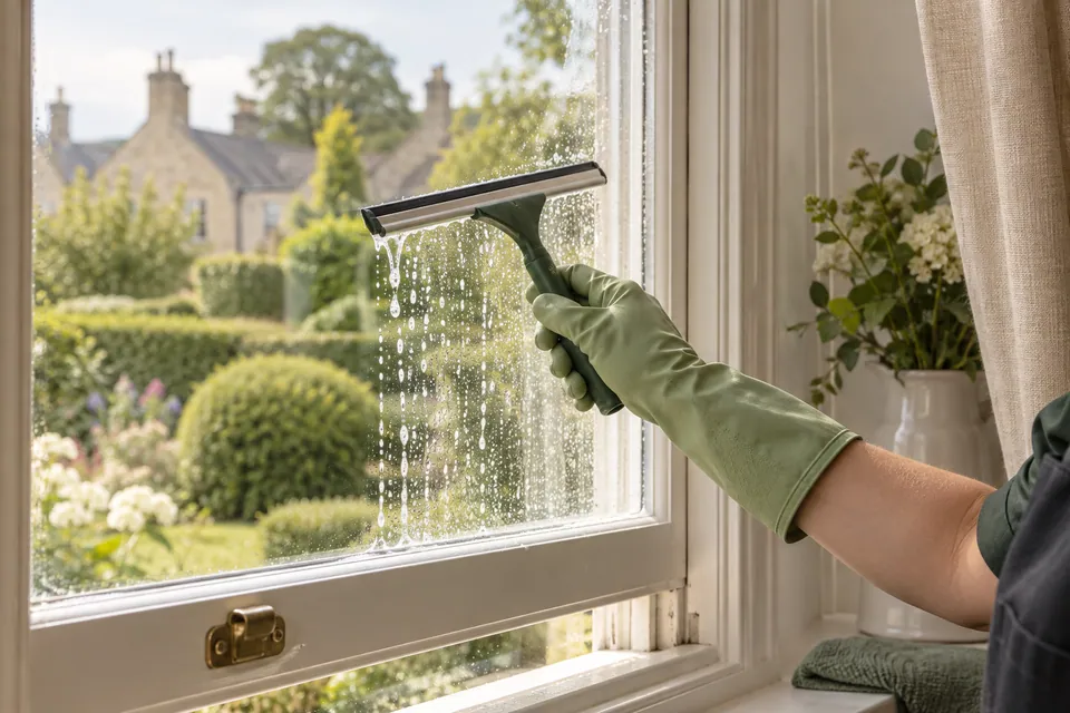 Gloved cleaner using a squeegee on a domestic window