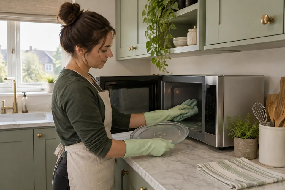 Gloved cleaner working on a microwave tray and interior