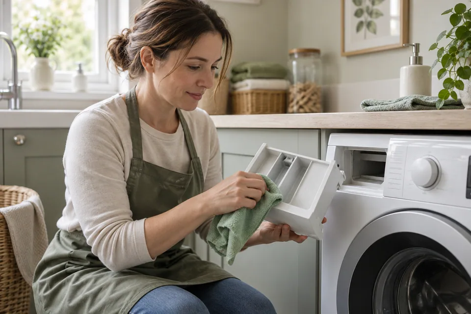 Cleaner wiping a removed washing-machine detergent drawer
