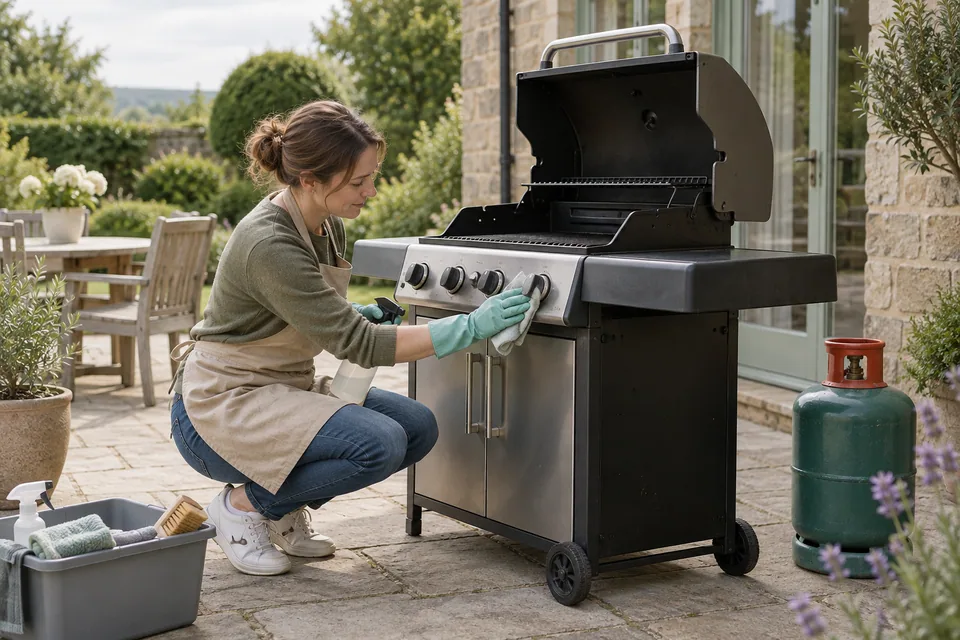 Cleaner working on a cold barbecue on a British garden patio
