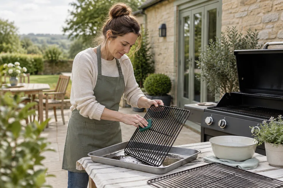 Removed barbecue grates being cleaned over a protected tray