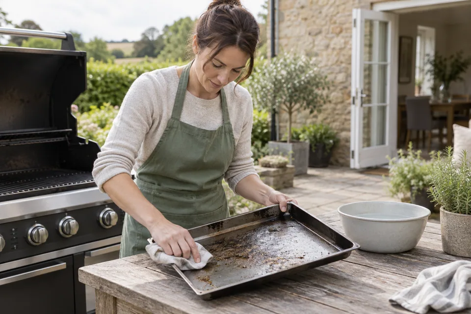 Cleaner wiping a removed grease tray