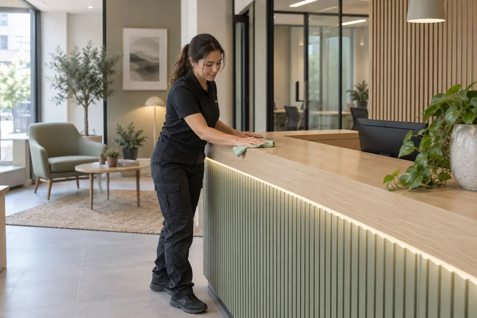 Cleaner wiping a newly installed reception counter
