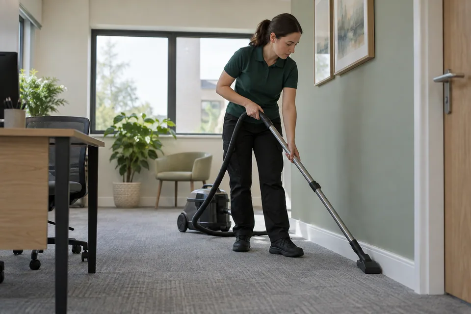 Vacuuming beside desks after completed commercial works
