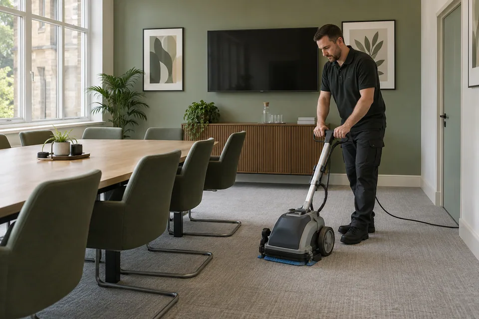 Machine treatment of a meeting-room carpet