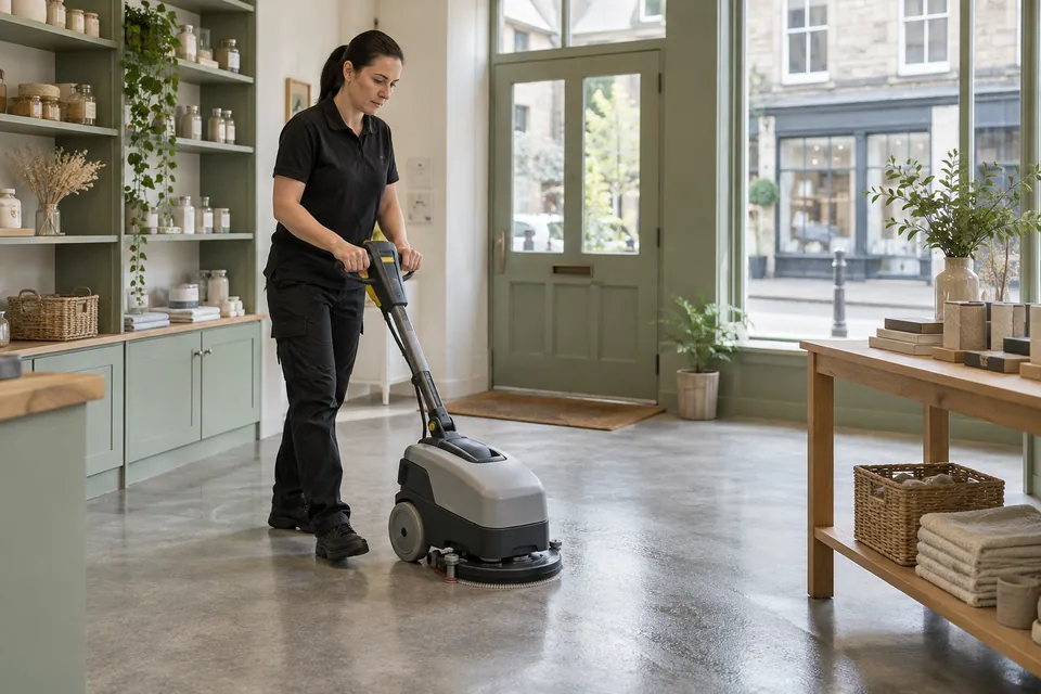 Cleaner operating a floor scrubber in a commercial reception