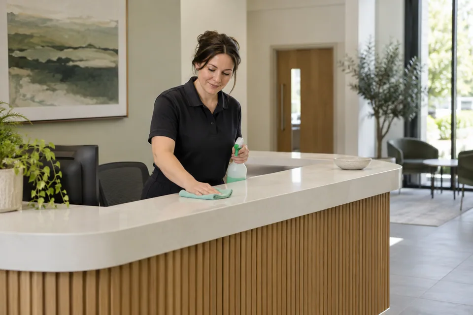 Cleaner wiping an accessible reception counter