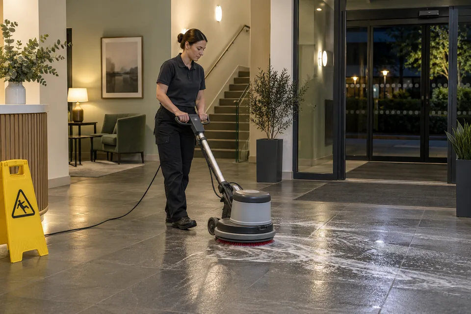 Machine cleaning of an empty commercial entrance floor