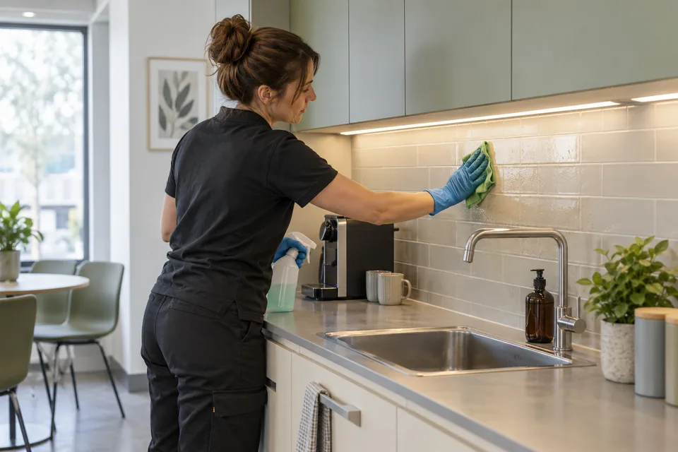 Detailed cleaning around a shared kitchen splashback