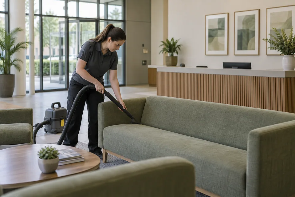Cleaner treating a reception sofa with an upholstery tool