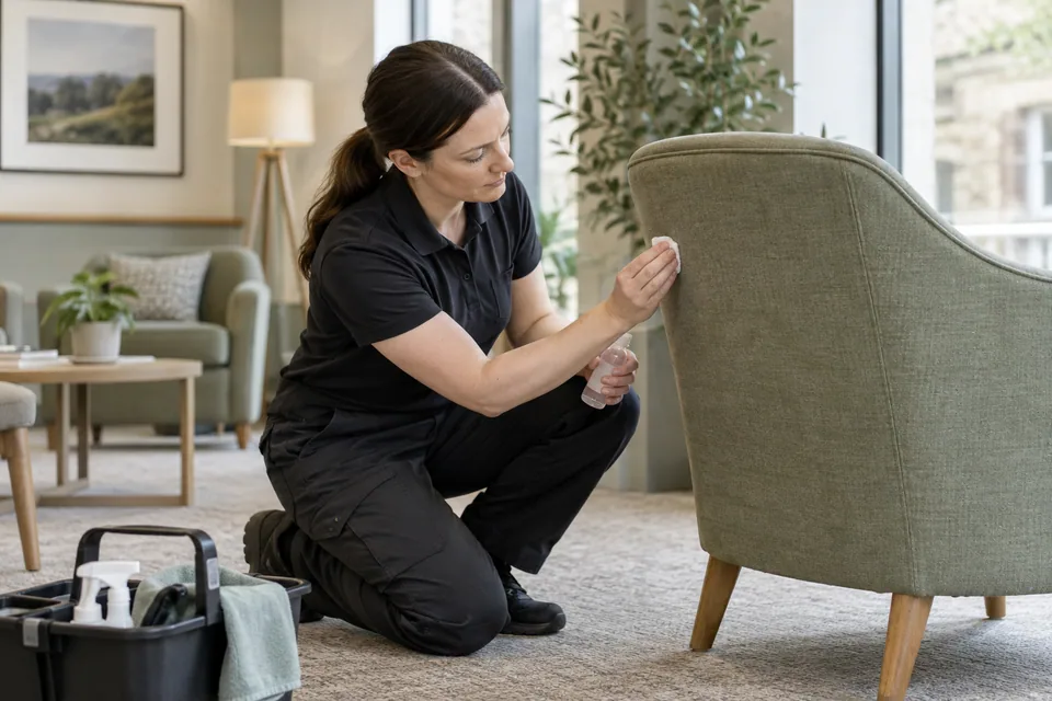 Cleaner treating the arm of a reception chair