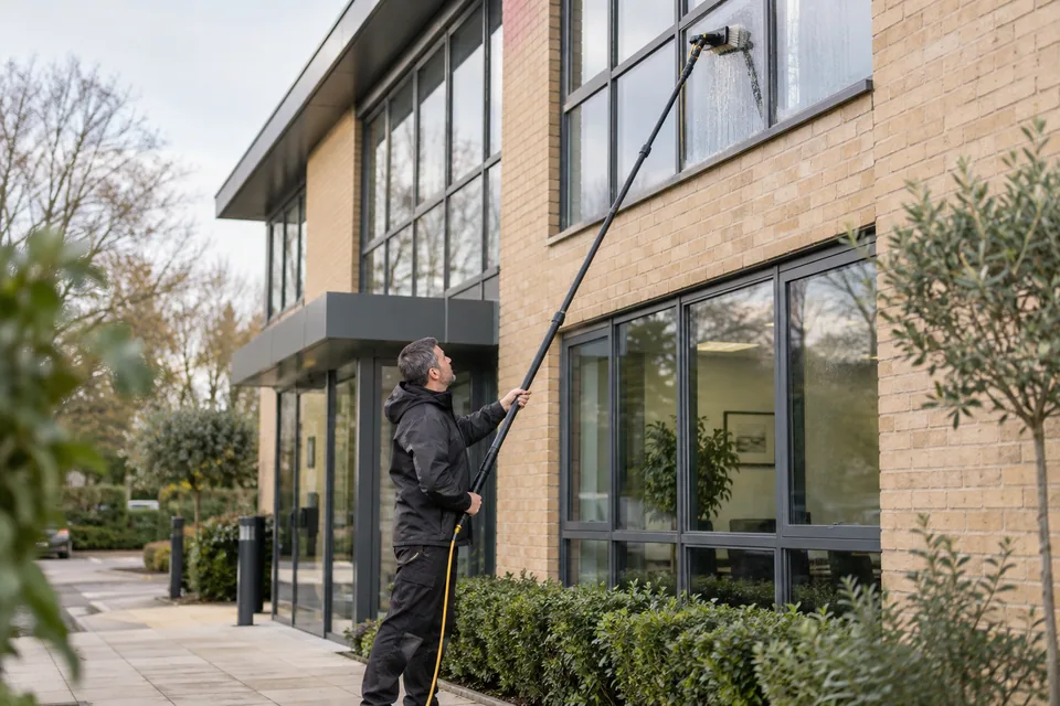 Ground-level pole cleaning of commercial upper windows