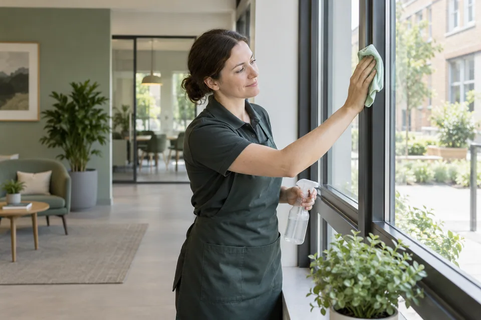 Cleaner wiping an accessible commercial window frame