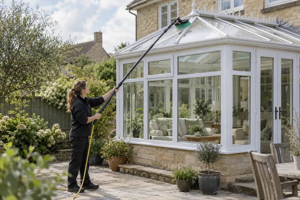 Cleaner using a soft water-fed roof brush from ground level