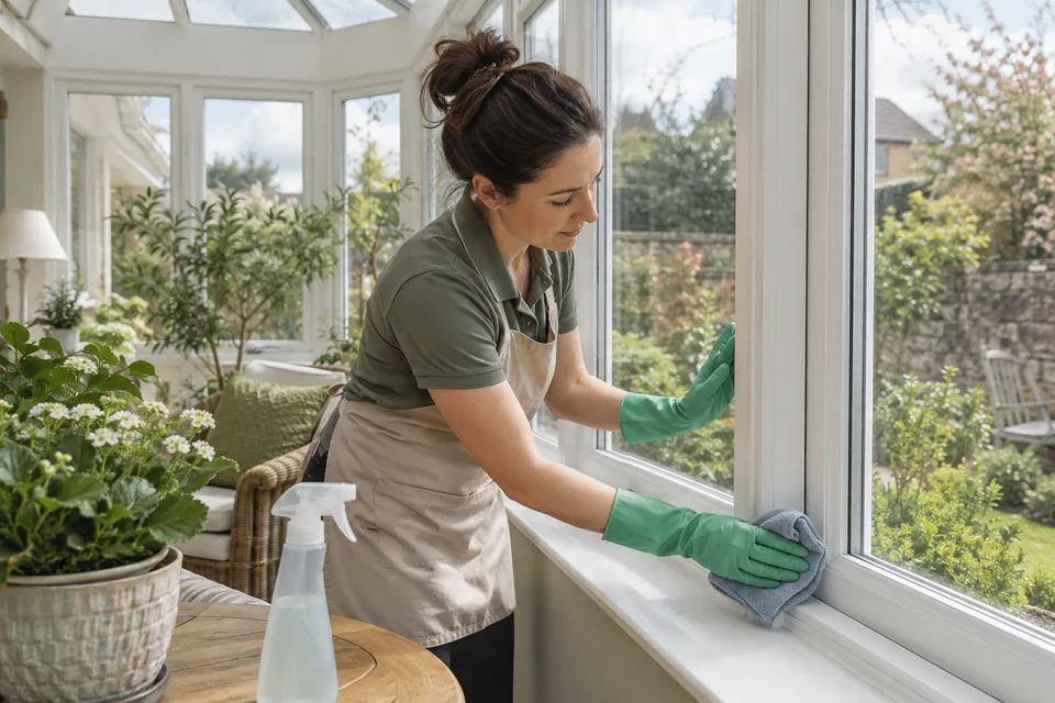 Cleaner wiping accessible interior conservatory frames and sills