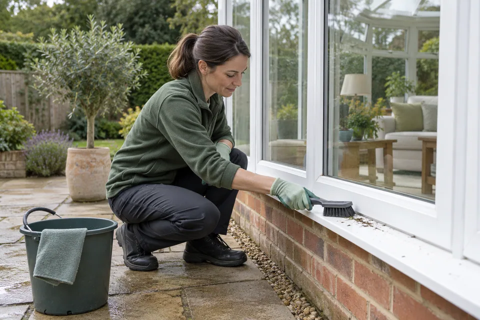 Worker removing accessible debris from an exterior conservatory frame