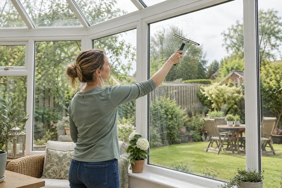 Squeegee cleaning conservatory glass from a safe interior position