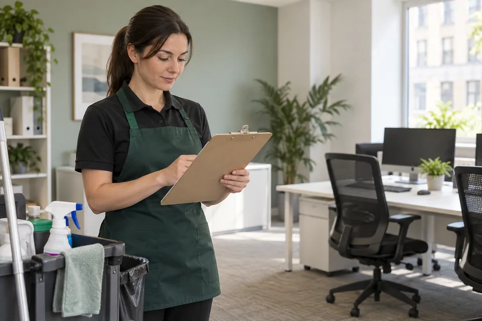 Cleaner reviewing a site task checklist