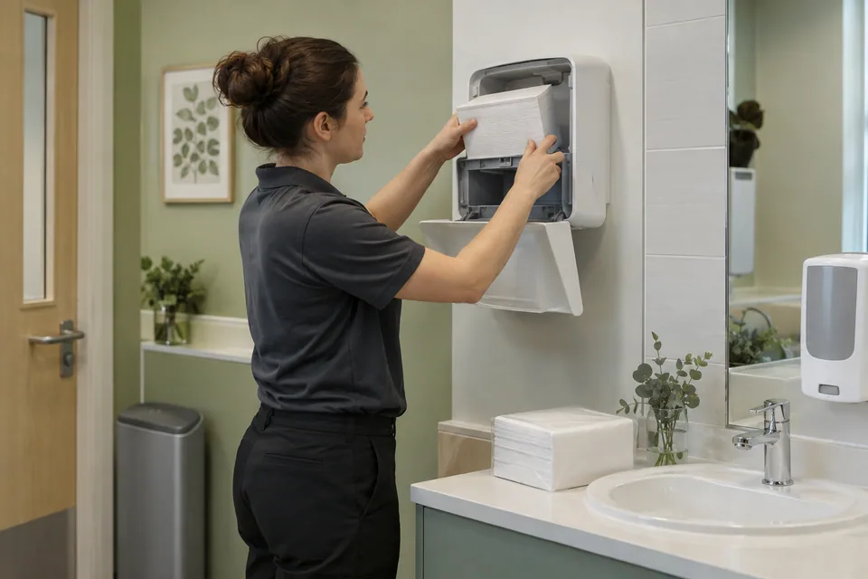 Cleaner replenishing a workplace paper dispenser