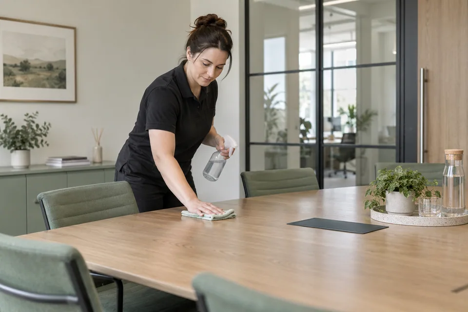 Cleaner wiping a shared meeting table