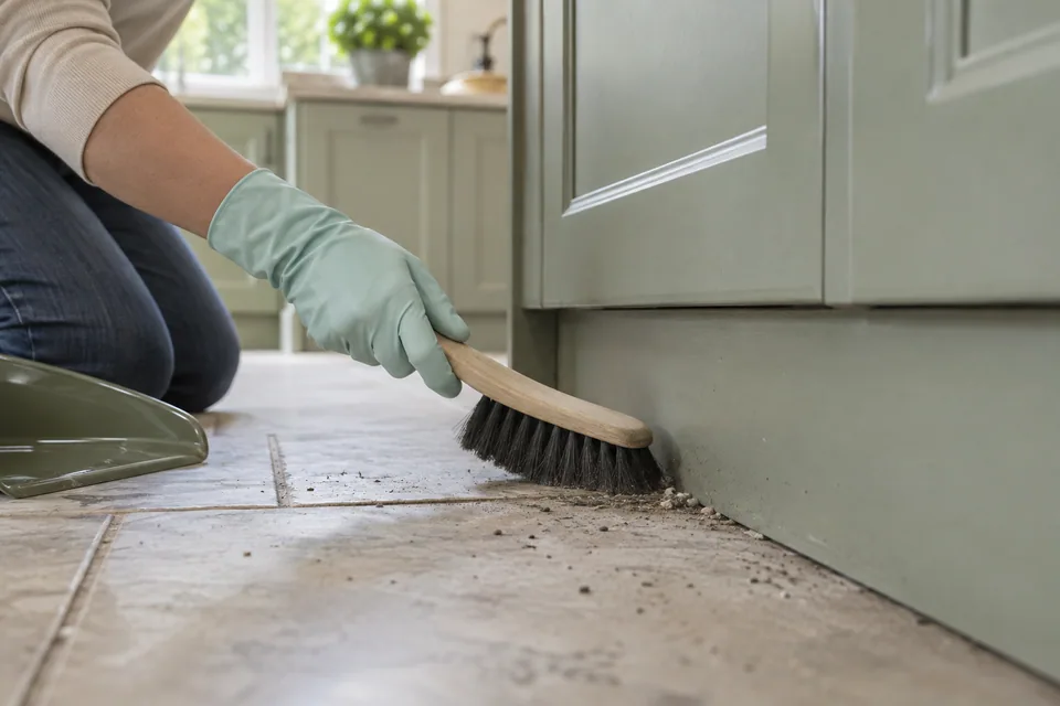 Cleaner brushing accumulated dirt from a kitchen cabinet plinth