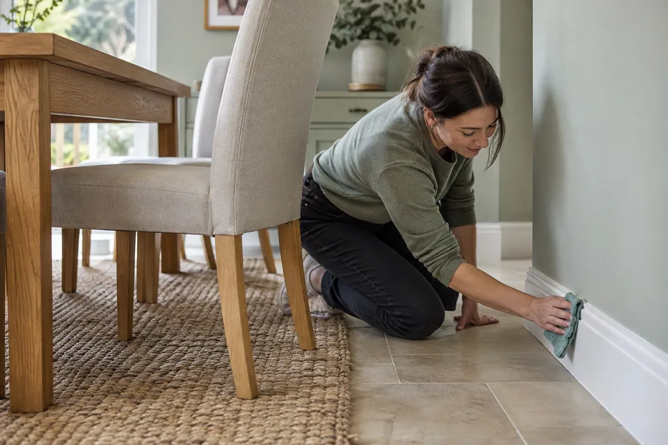 Cleaner wiping accessible skirting behind a light dining chair