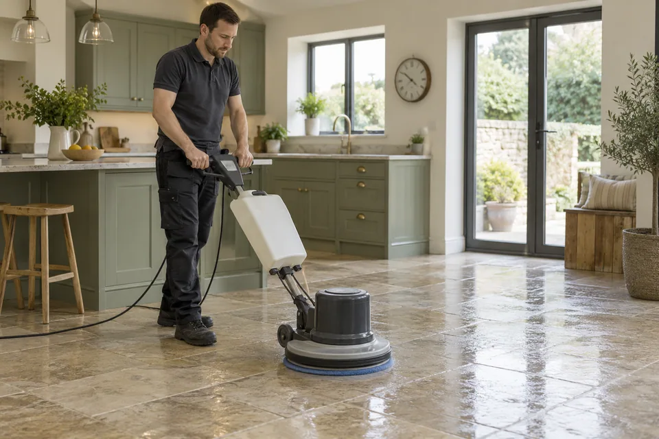 Cleaner using a floor machine on a tiled kitchen surface