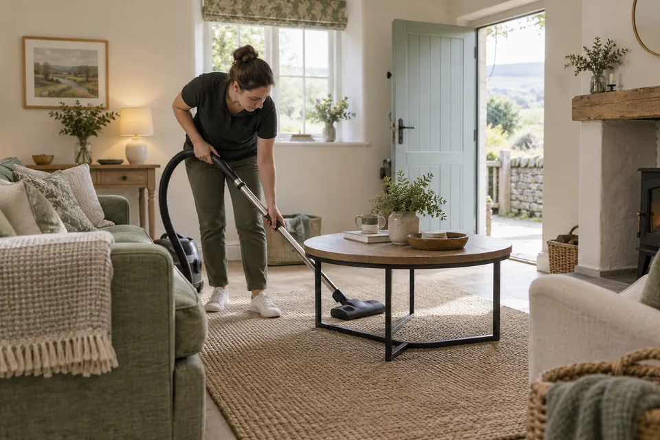Cleaner vacuuming a furnished British holiday cottage living room