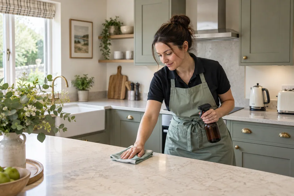 Cleaner wiping a holiday rental kitchen counter