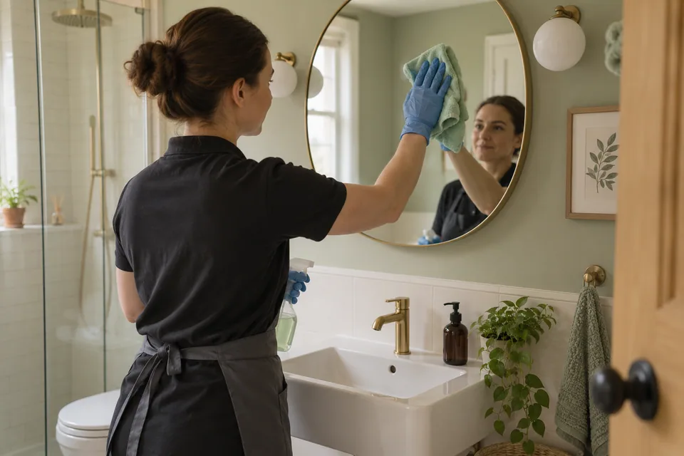 Cleaner polishing a guest bathroom mirror
