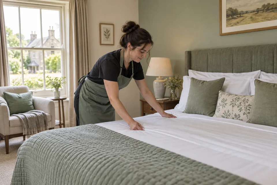 Cleaner arranging supplied fresh linen on a guest bed