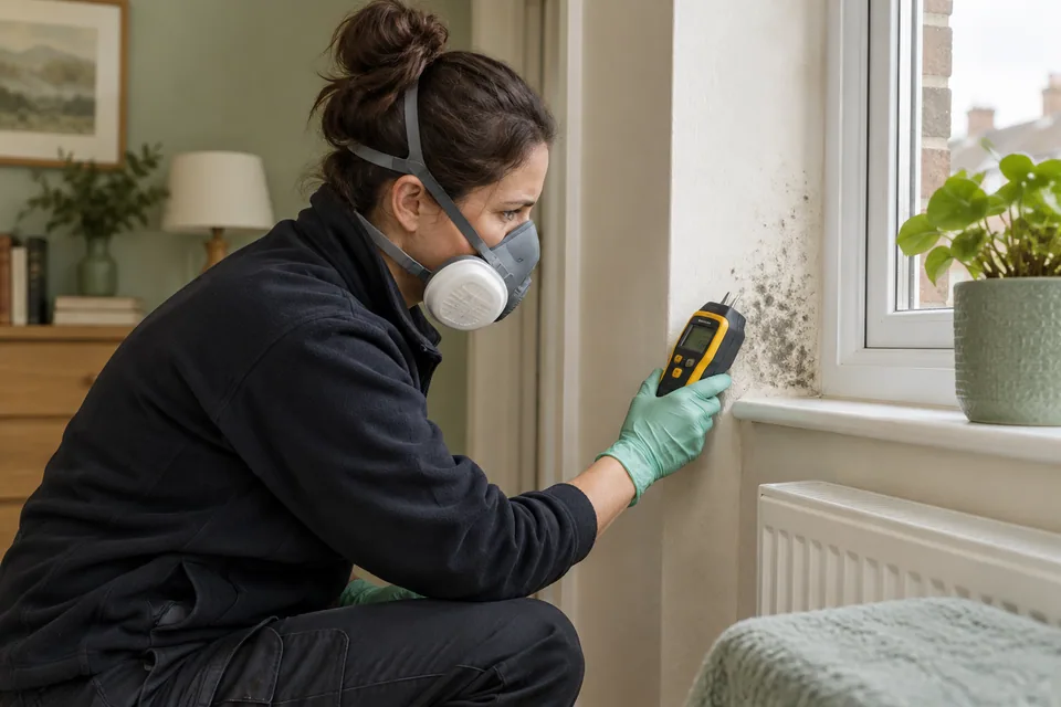 Worker assessing a mould-marked wall with a moisture meter