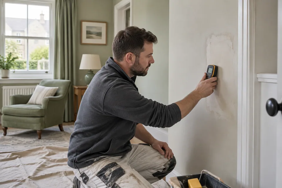 Worker checking wall moisture before decorative work