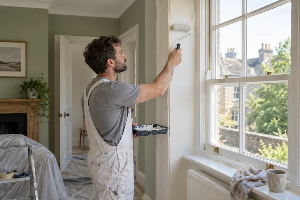 Decorator applying paint to a prepared interior wall