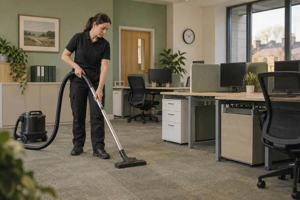 Cleaner vacuuming the carpet between office workstations