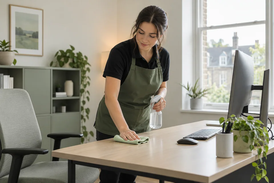 Cleaner wiping a cleared office desk beside a monitor