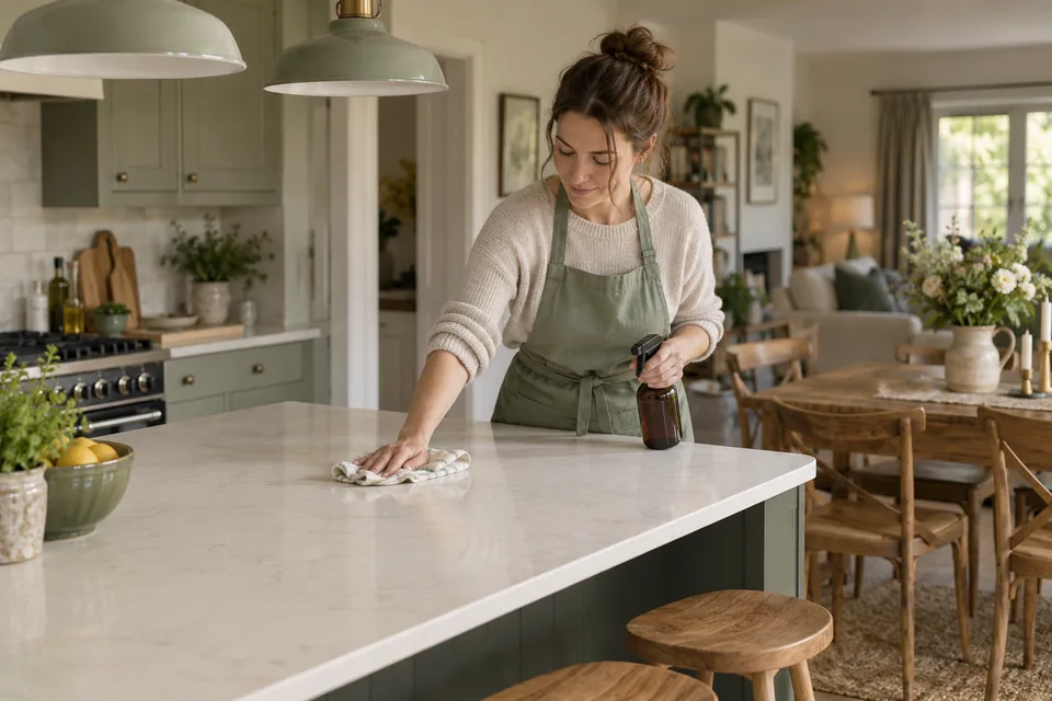 Cleaner wiping a kitchen island after a household gathering