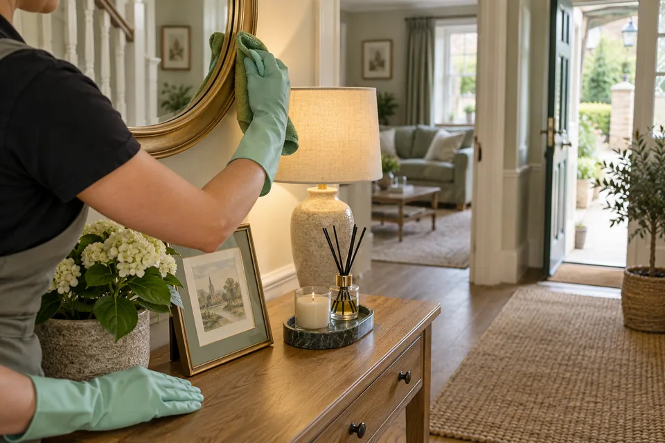 Cleaner dusting a hall console and mirror frame