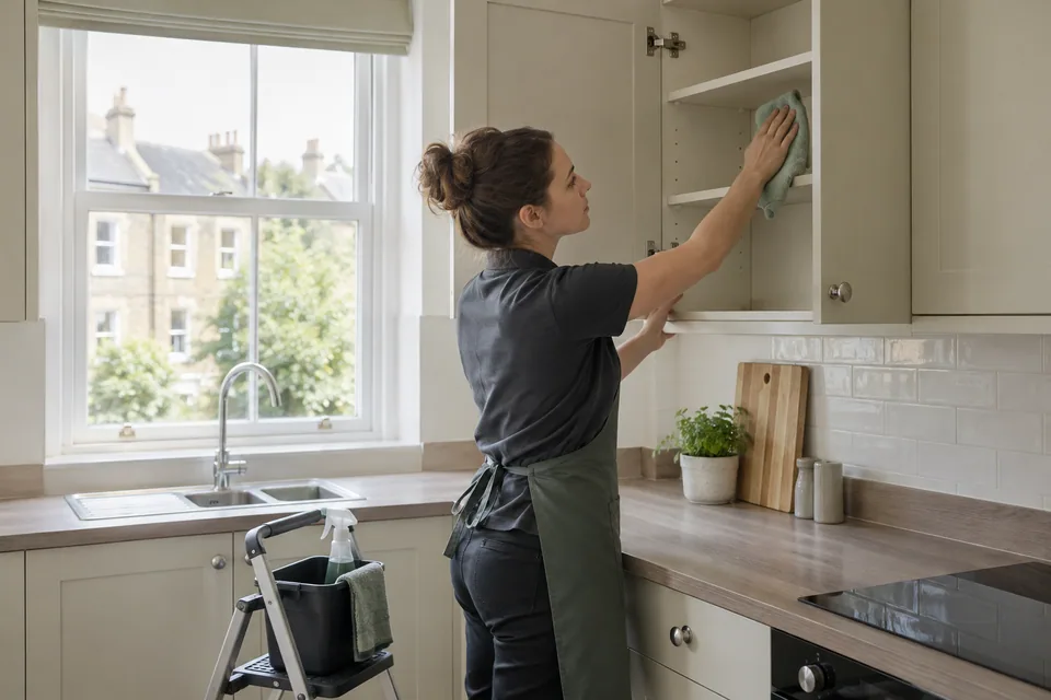 Cleaner wiping an empty kitchen cupboard before move-in