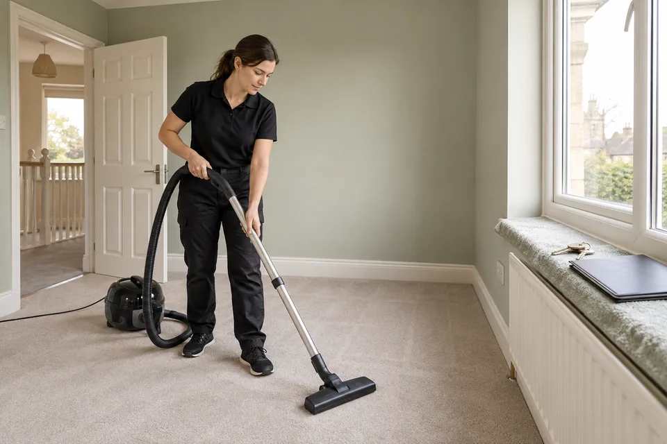 Vacuuming a vacant rental kitchen floor