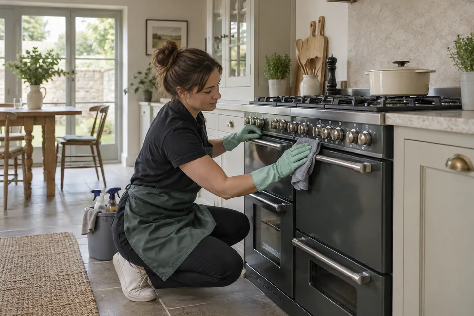 Cleaner working on a cool range cooker with several oven doors