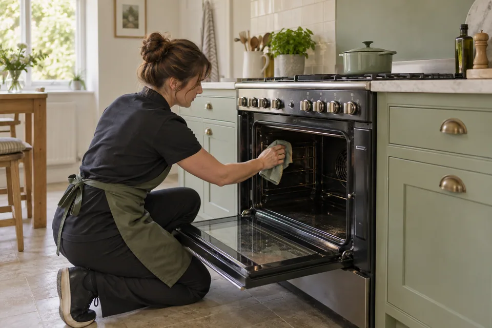 Technician wiping a cavity inside a freestanding range cooker