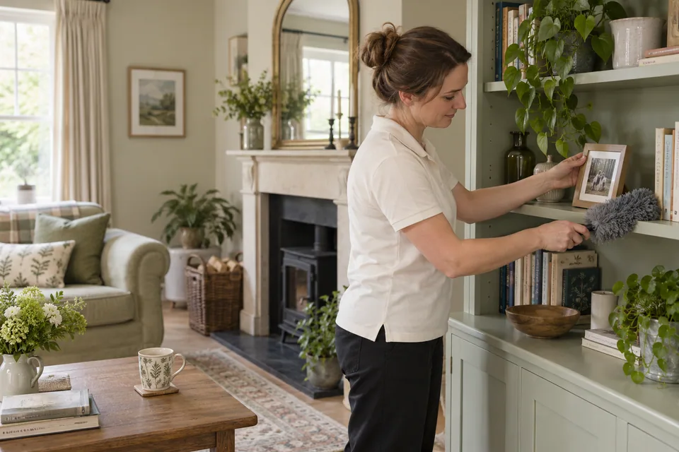 Cleaner dusting an open bookshelf in an occupied sitting room